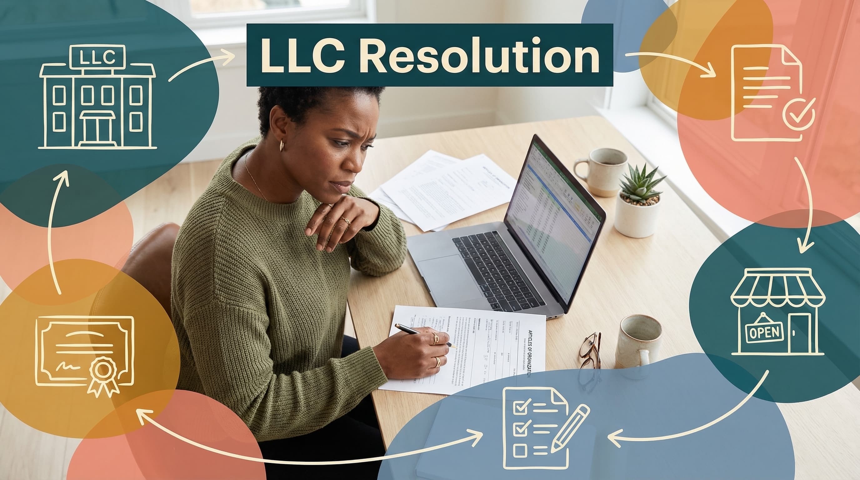 A business professional reviewing an LLC resolution document in a professional office setting