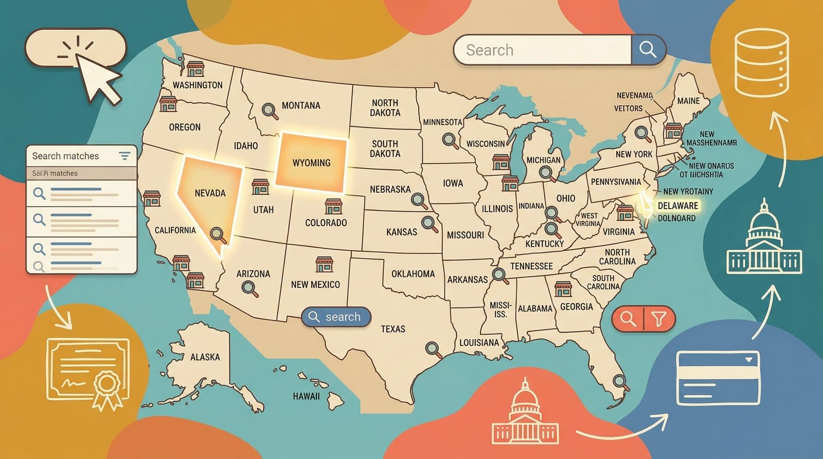 Map of all the US states representing business entity searches