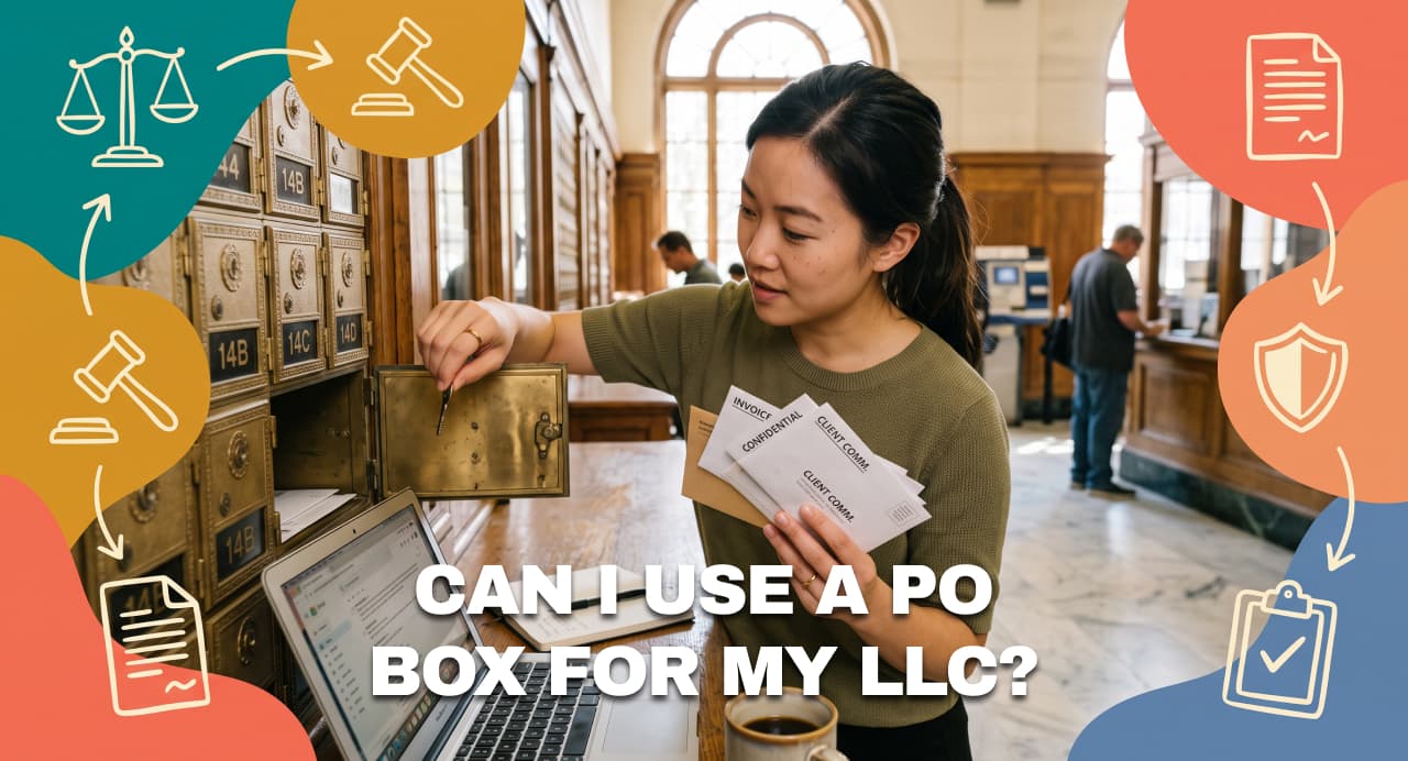 An entrepreneur opening a brass post office box while handling business mail for an LLC