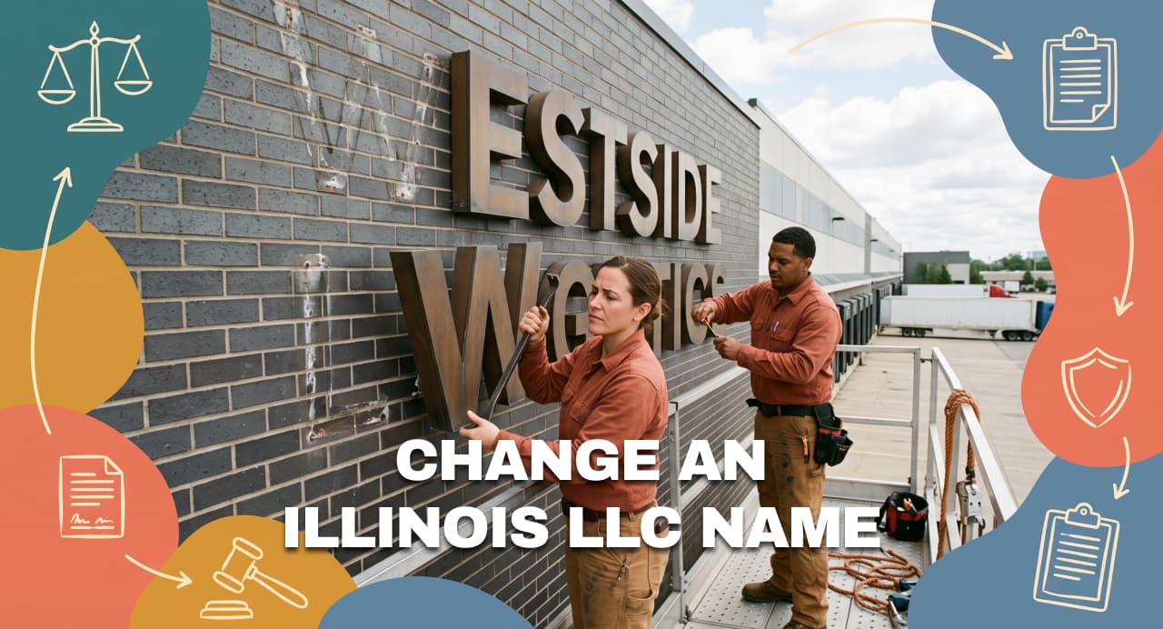 Illinois workers replacing storefront lettering after an LLC business name change.