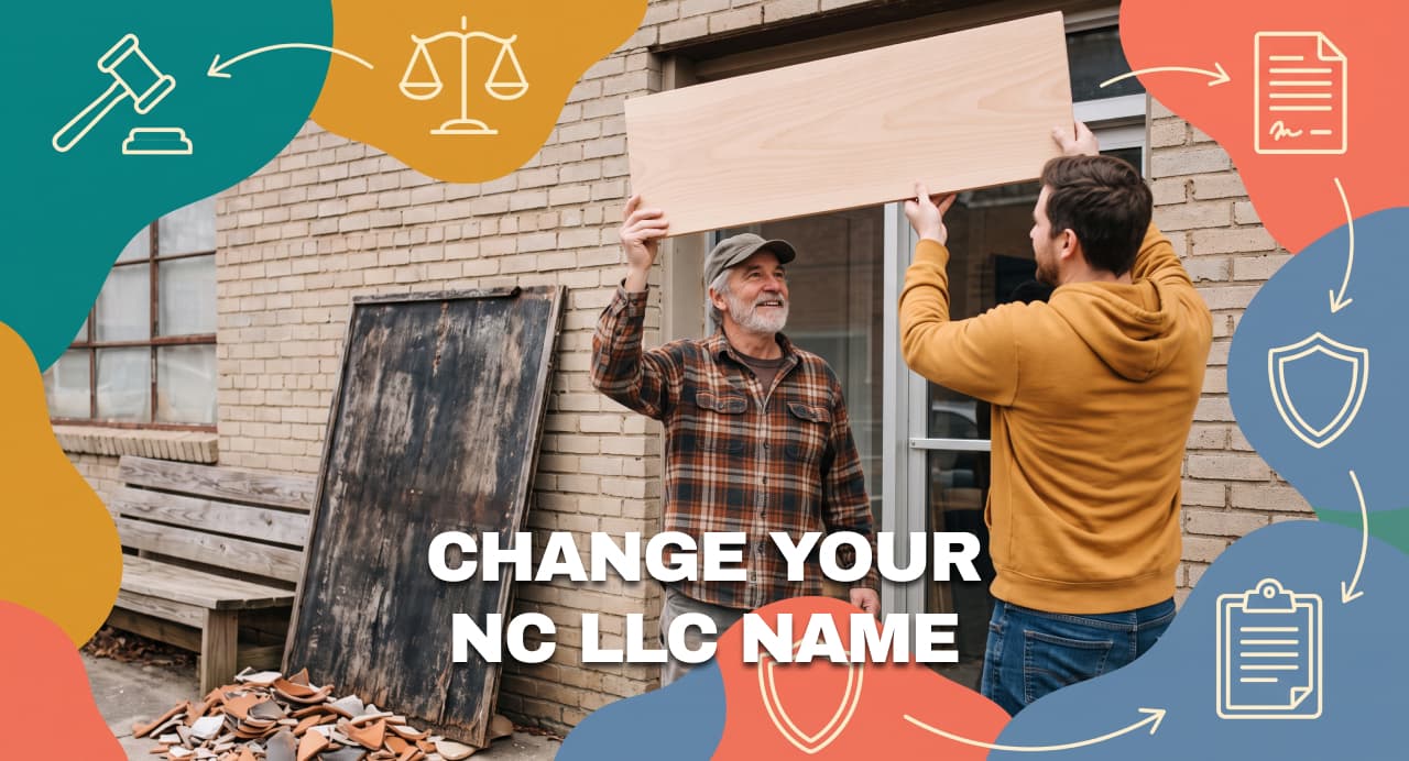 North Carolina business owners replacing a blank storefront sign, illustrating an LLC name change.