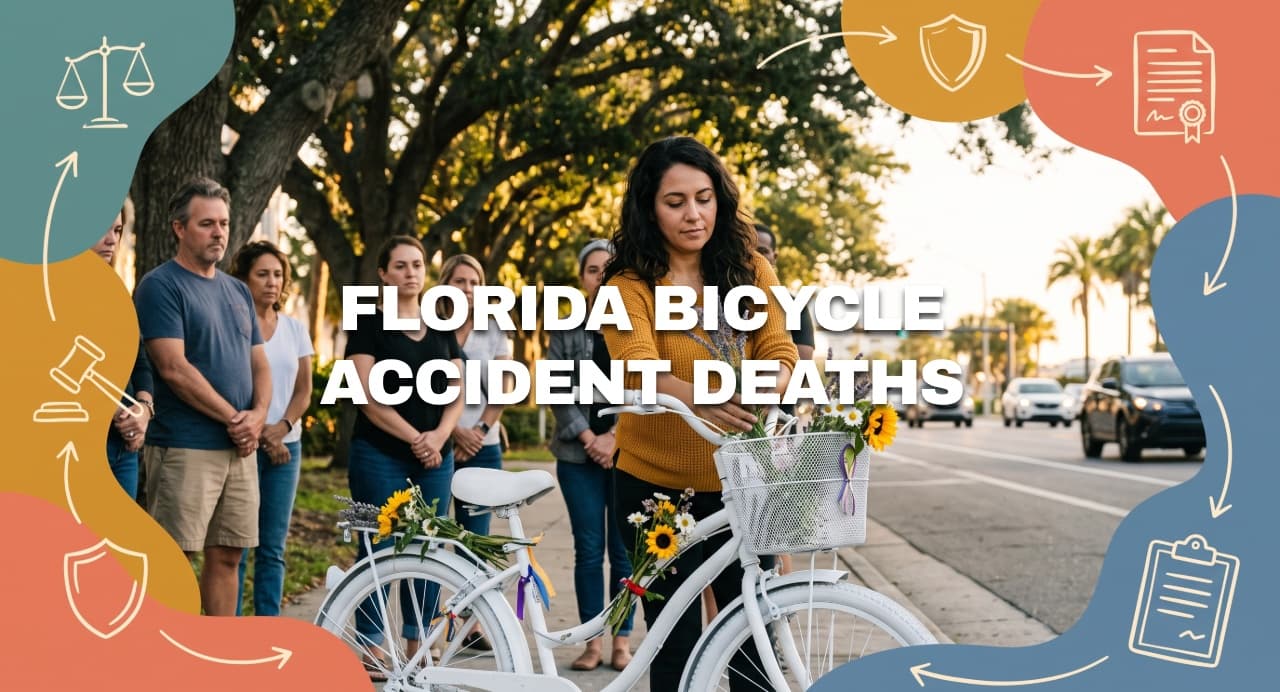 Community members gather around a white memorial bicycle beside a Florida roadway to honor bicyclists killed in crashes.