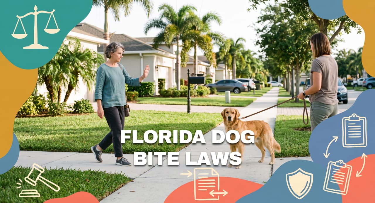 Leashed golden retriever and owner meeting a cautious neighbor on a Florida residential sidewalk