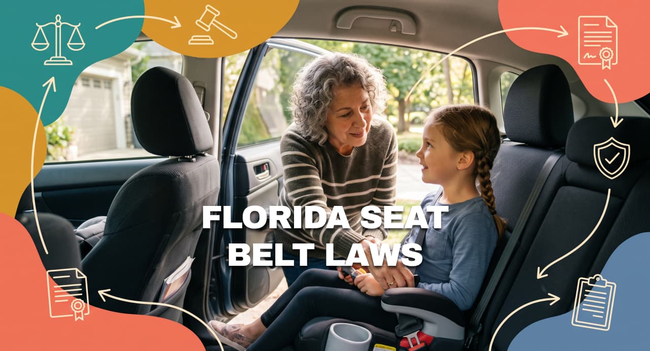 A grandmother fastening the seat belt for a child in a car, illustrating Florida seat belt laws.