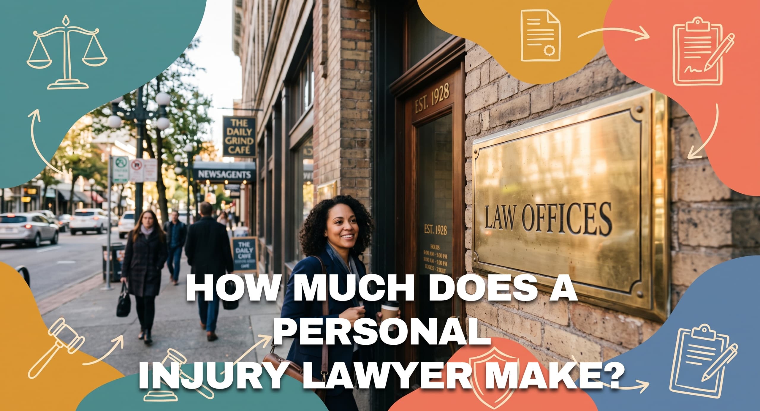 Personal injury lawyer arriving at a downtown law office in a busy commercial district.