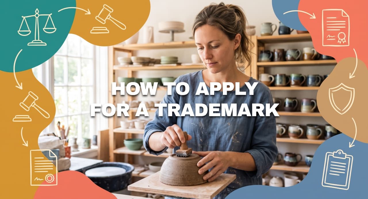 A ceramic artist stamping a maker's mark on pottery for a trademark application guide.