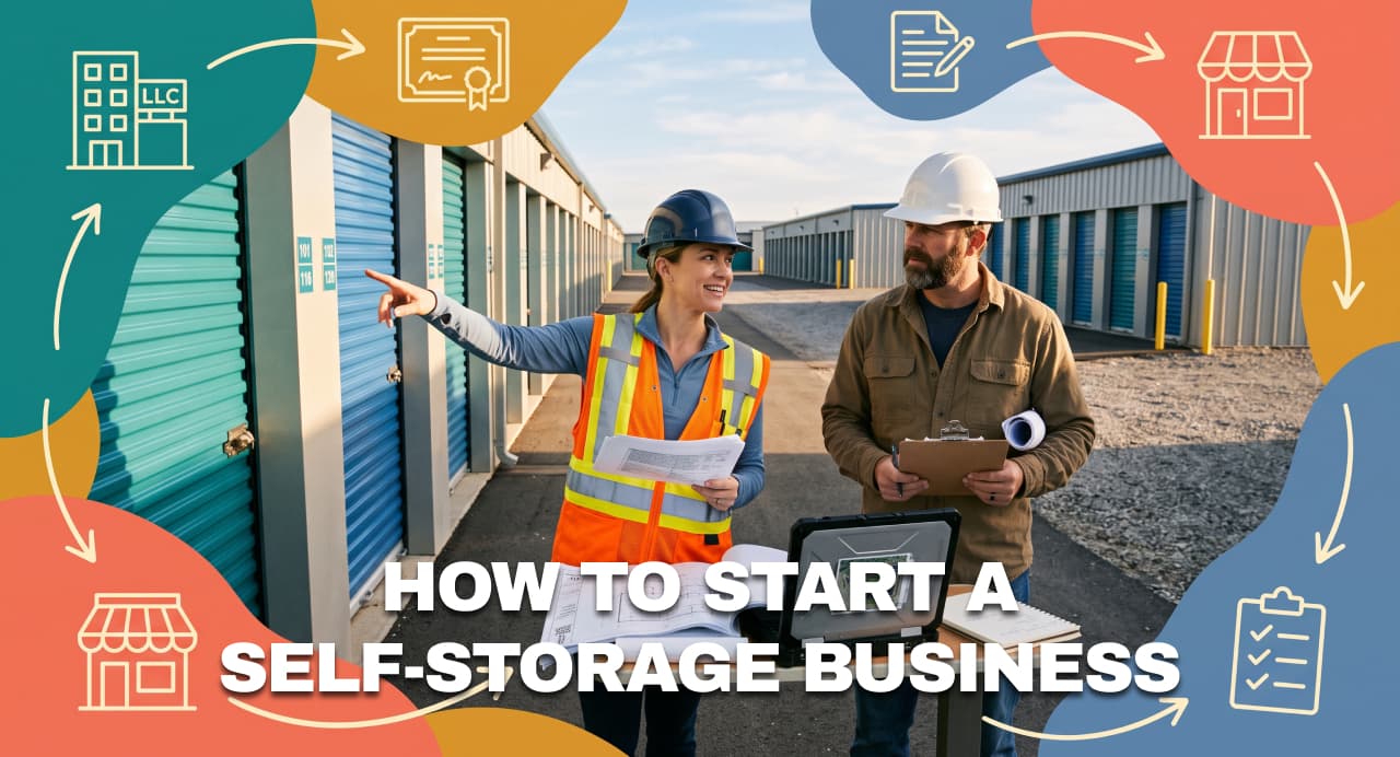 Two business developers reviewing plans at a self-storage facility
