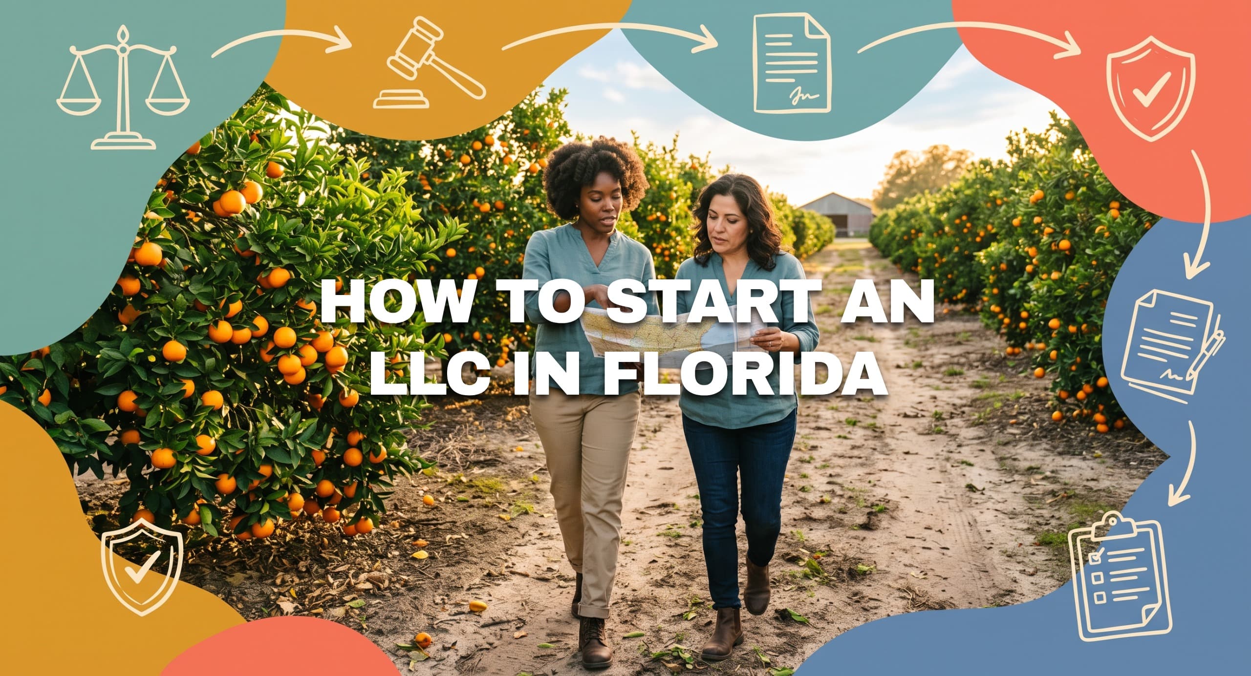 Two business partners planning a Florida LLC while walking through a sunlit orange grove