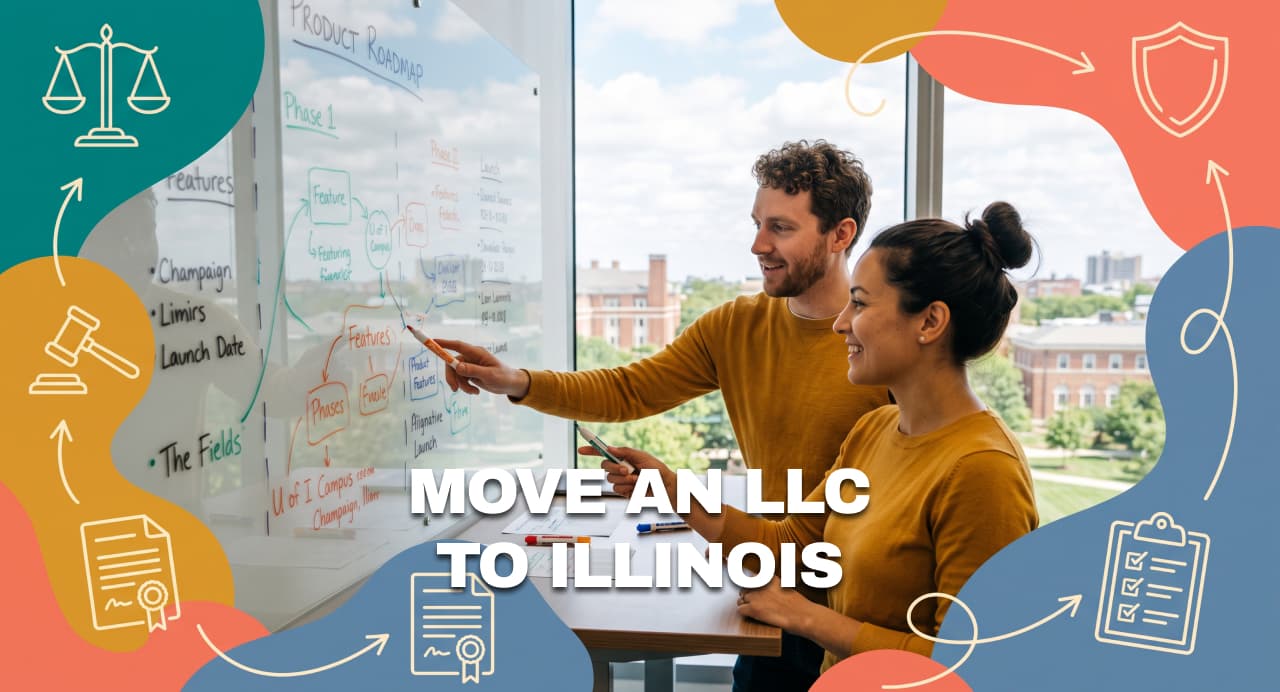 Illinois business owners planning an LLC move using a product roadmap whiteboard.