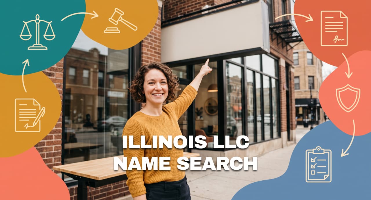 Illinois shop owner pointing toward a storefront sign during an LLC name search.