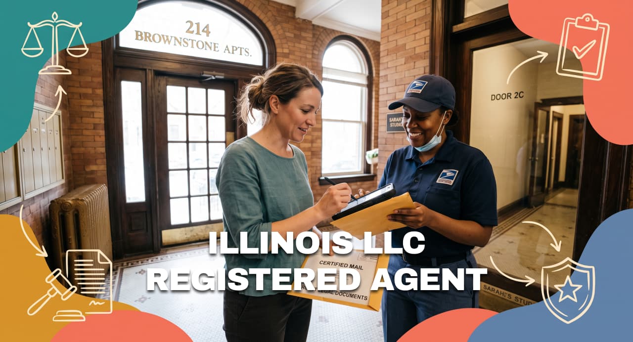 Illinois business owner receiving registered mail from a carrier in an apartment lobby.