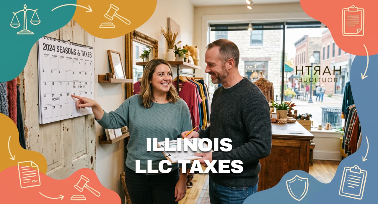 Illinois business owners reviewing a tax calendar and financial paperwork.