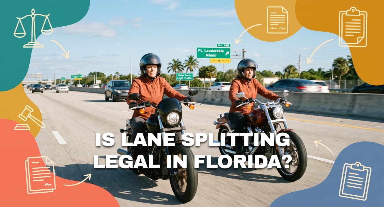 Two motorcyclists riding side by side on a Florida highway, illustrating Florida lane-splitting laws.