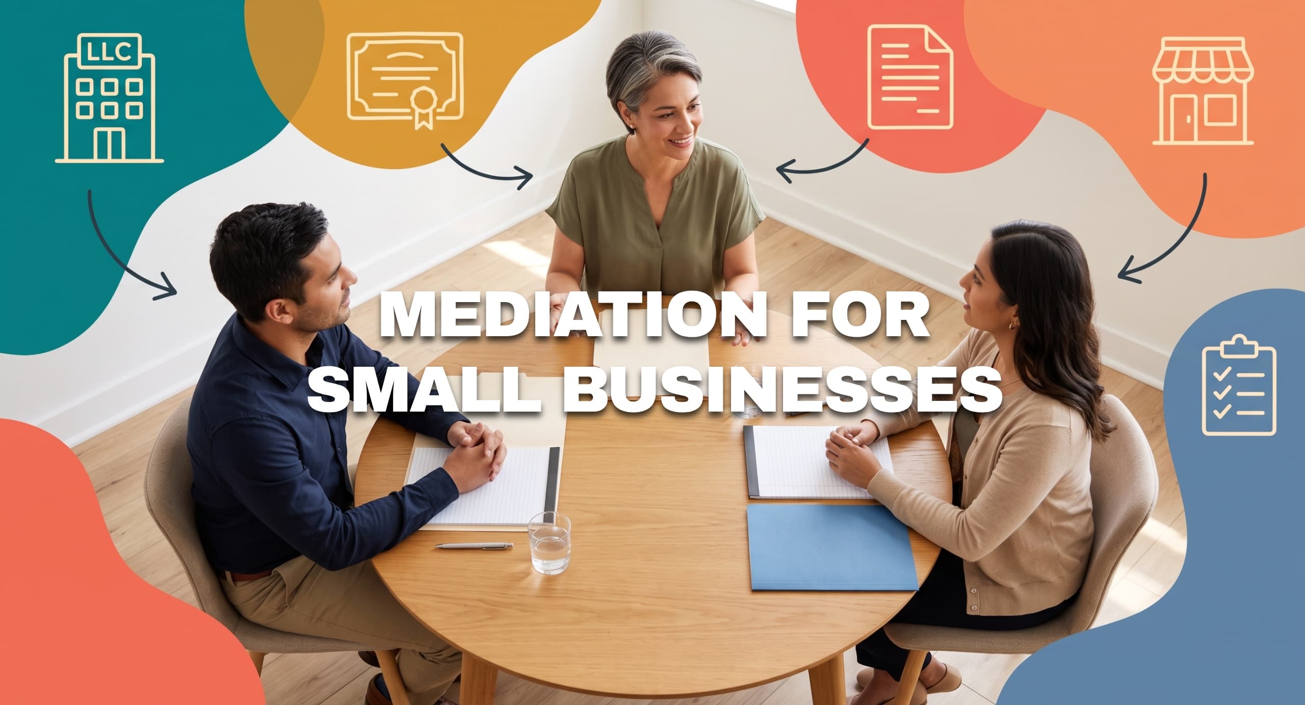 Neutral mediator guiding two small-business owners through a structured dispute resolution meeting