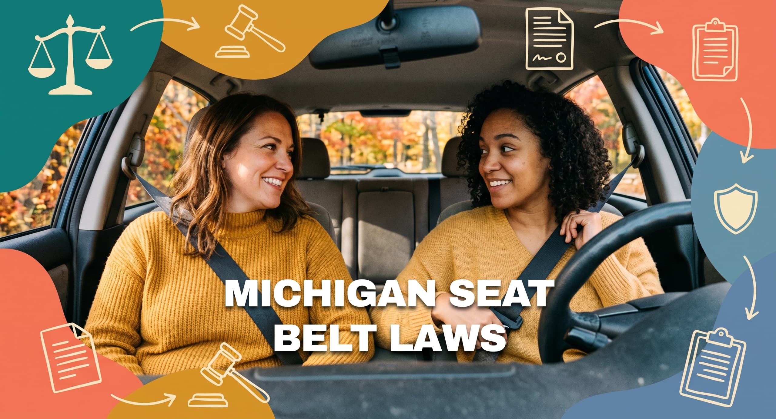 Two adults wearing properly positioned seat belts inside a parked car during autumn in Michigan