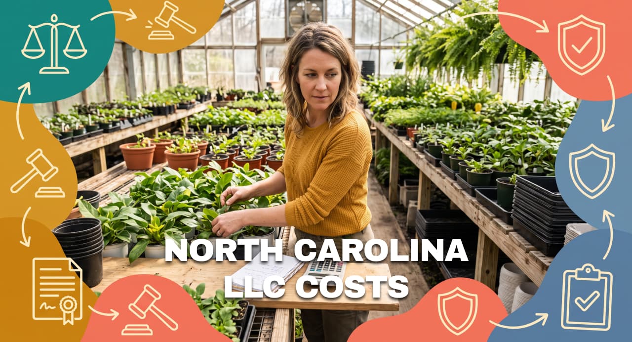 A North Carolina greenhouse owner reviewing inventory costs, illustrating LLC filing and annual fees.