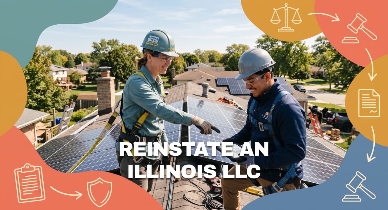 Illinois solar installers reviewing equipment while preparing to reinstate an LLC.