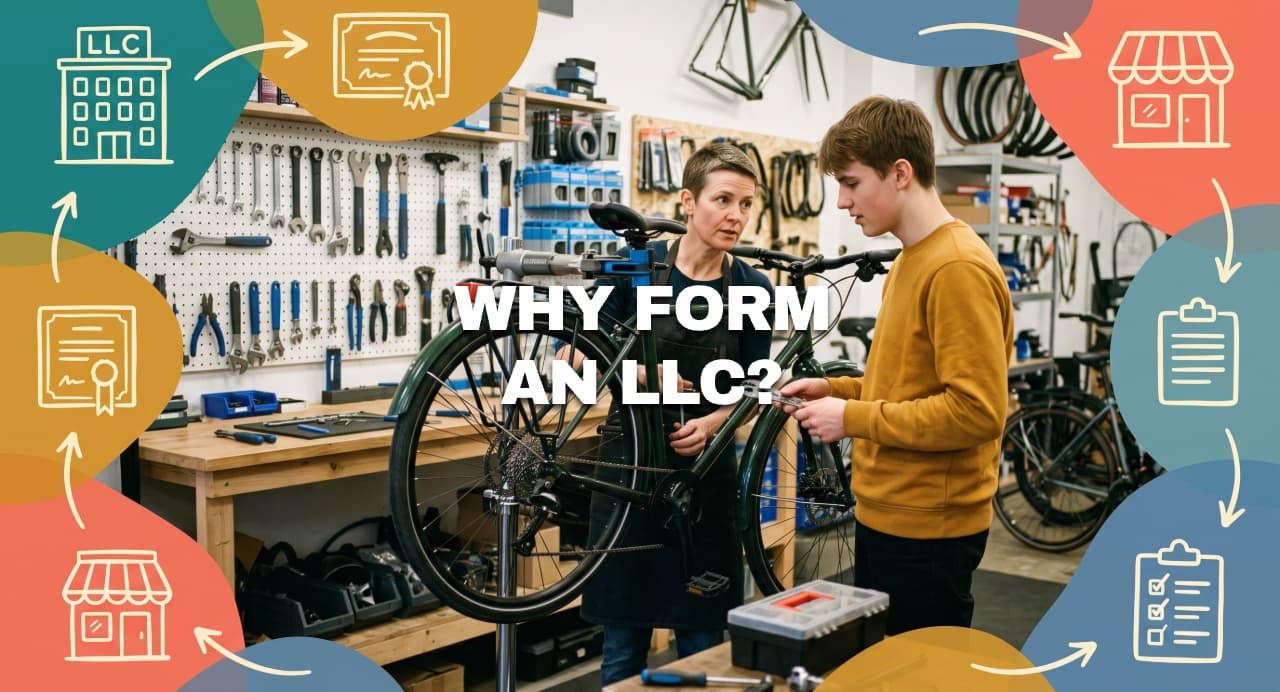 Bicycle mechanic and apprentice illustrating why forming an LLC can protect a business