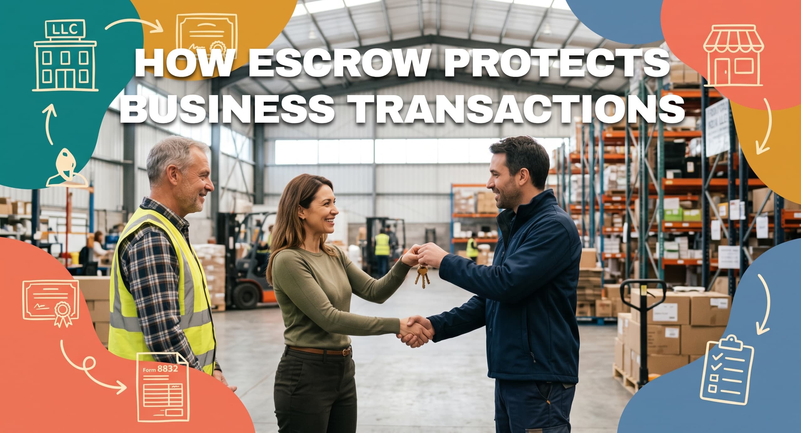 Two business owners exchanging warehouse keys while an escrow agent oversees the transaction