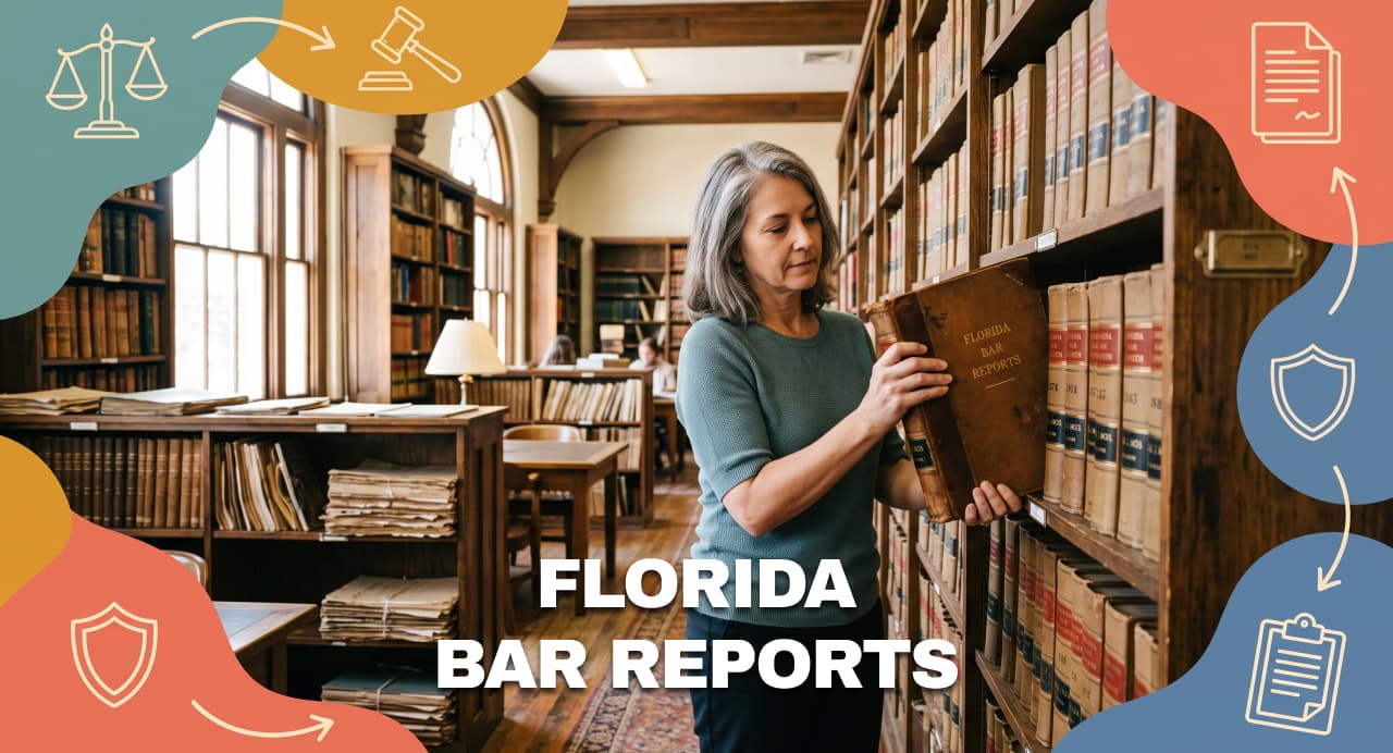 Archivist retrieving a bound volume of Florida Bar Reports in a historic legal records library