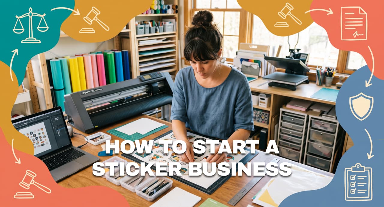 Sticker business owner preparing custom vinyl designs in an independent print studio.