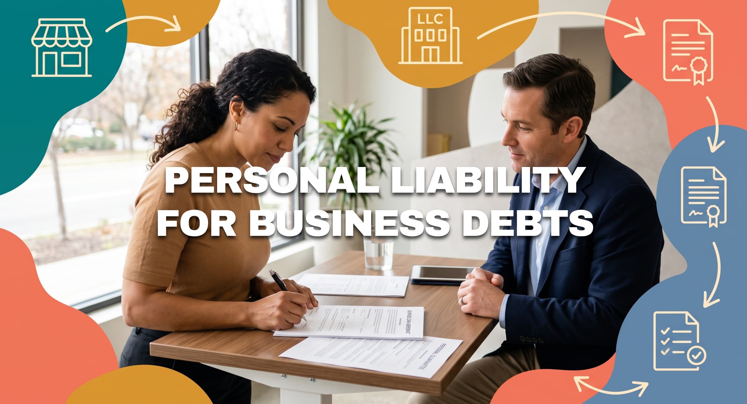 Small-business owner signing a personal guarantee for a business loan with a commercial loan officer.