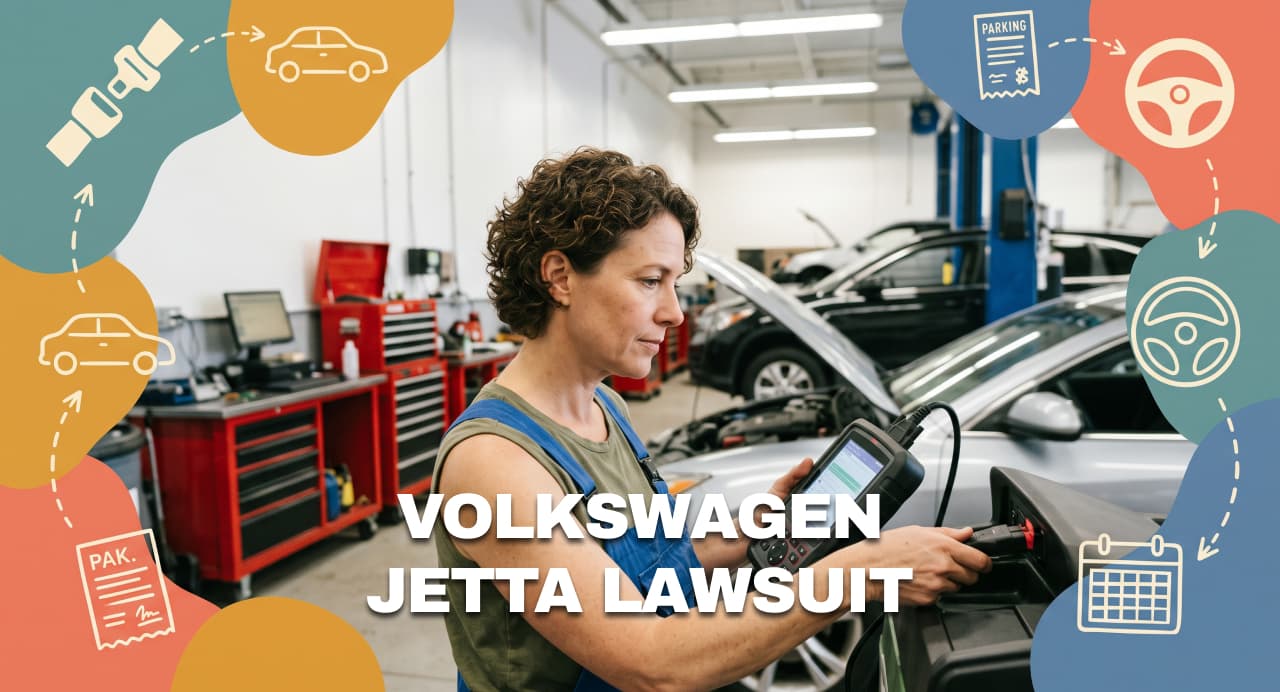 Independent automotive technician using a diagnostic scanner on a silver sedan, with the headline Volkswagen Jetta Lawsuit.
